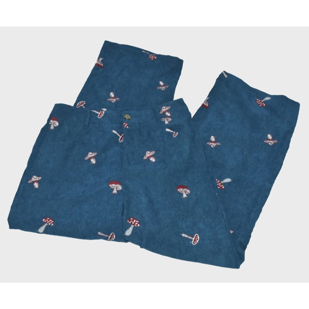 Blue Corduroy Wide-Leg Pants with Mushroom Embroidery